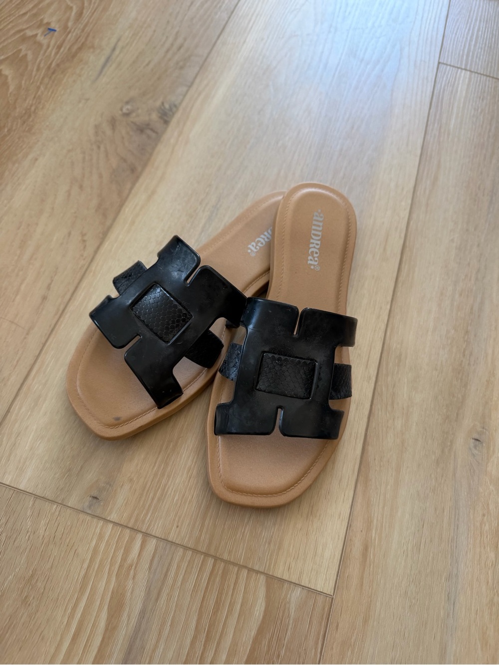 Black Strap Slide Sandals with Tan Footbed